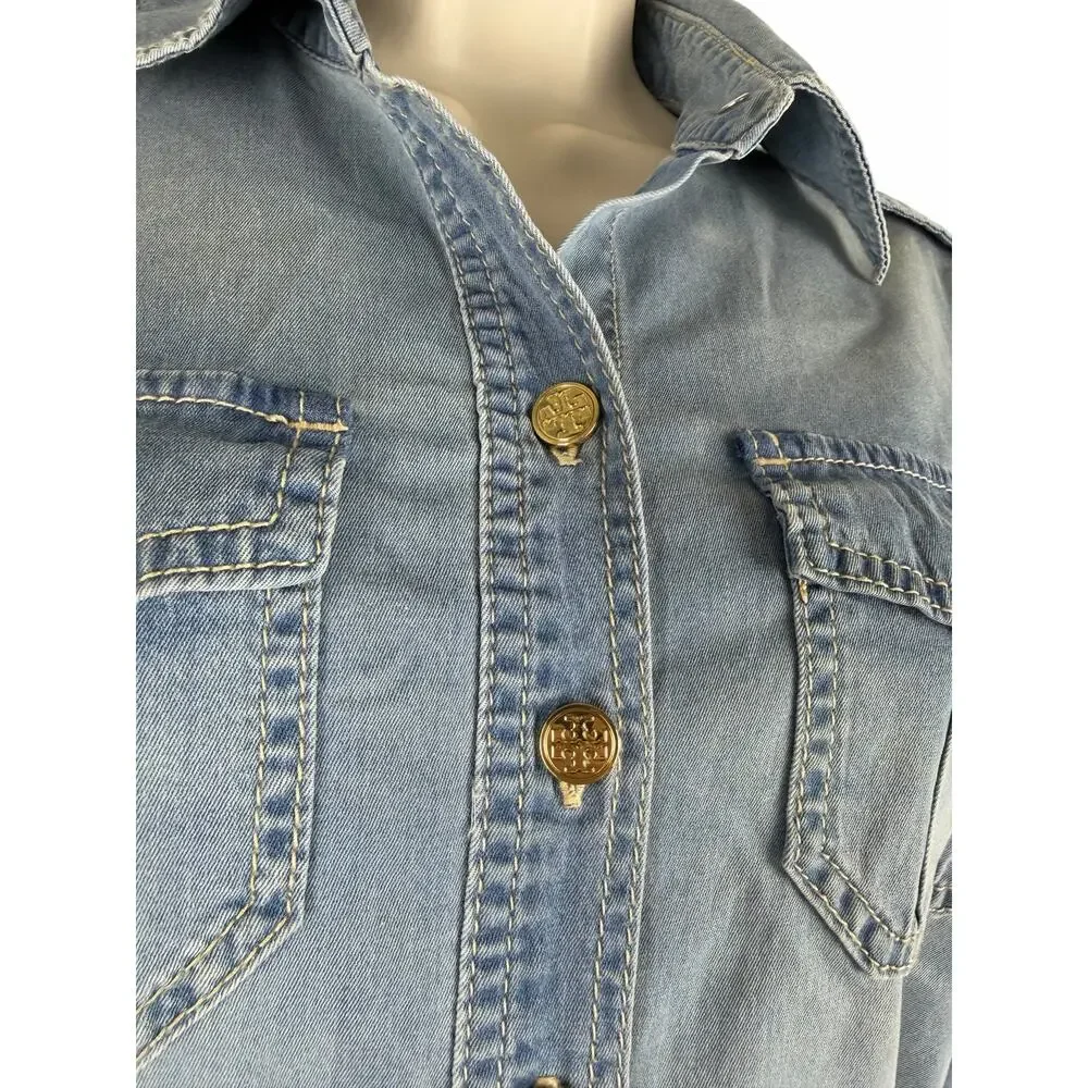 Tory Burch Brigette Belted Tie Denim Shirt Dress Light Wash Size 2